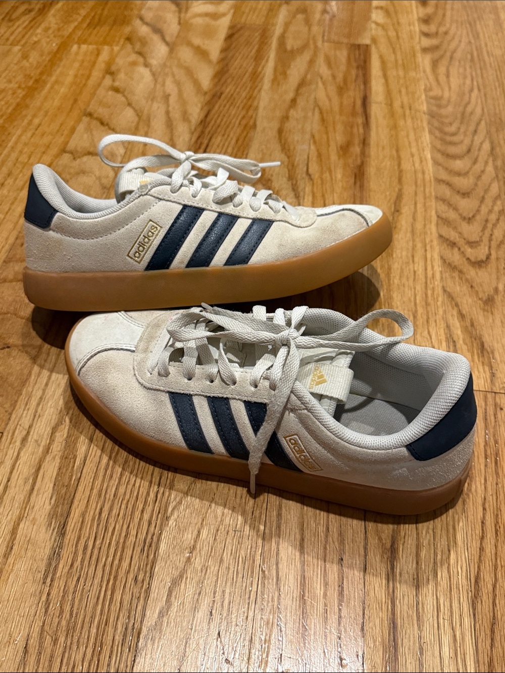 adidas Cream Suede Sneakers with Navy Stripes and Gum Sole